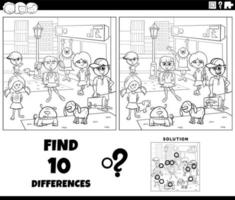 differences game with cartoon kids in the city coloring page vector