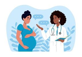 A woman expecting a baby visits the doctors office, examination during pregnancy. A pregnant woman is talking to an obstetrician gynecologist. Consultation and examination during pregnancy concept. vector