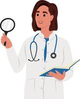 Curiosity concept. The woman is a doctor with a tablet and a stethoscope, standing looking at something with a magnifying glass. vector