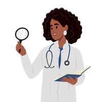 Curiosity concept. Smiling female black woman with a tablet and a stethoscope, standing looking at something with a magnifying glass. vector