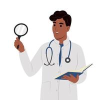 Curiosity concept. Smiling female black man with a tablet and a stethoscope, standing looking at something with a magnifying glass. vector