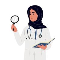 Curiosity concept. The Muslim woman is a doctor with a tablet and a stethoscope, standing looking at something with a magnifying glass. vector