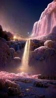 painting of a waterfall in the middle of the night. . photo