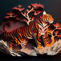 paper cut of a tiger in a forest. . photo