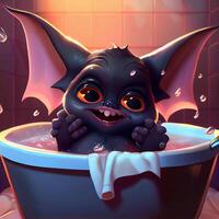 cartoon bat taking a bath in a bathtub. . photo