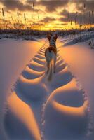 dog that is walking in the snow. . photo