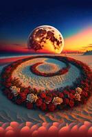 circle of roses with a full moon in the background. . photo