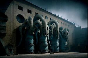 group of elephants that are standing in front of a building. photo