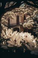 bunch of white flowers in front of a building. . photo