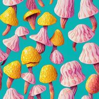 bunch of pink and yellow mushrooms on a blue background. . photo