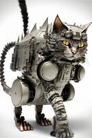 close up of a cat with a machine on its back. . photo