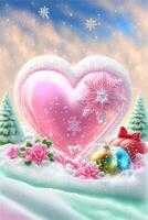 pink heart sitting on top of a snow covered ground. . photo