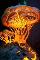 group of mushrooms sitting on top of a rock. . photo