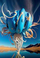 blue octopus balloon floating over a body of water. . photo