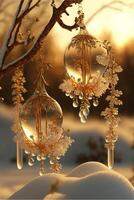 couple of glass ornaments hanging from a tree. . photo