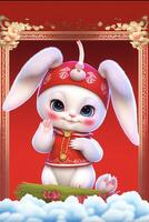 cartoon bunny holding a red envelope in front of a red background. . photo