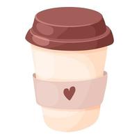 Coffee cup paper container take away with cute heart in cartoon style isolated on white background. Vector illustration