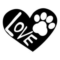 Black heart with dog paw track, text Love isolated on white background, symbol of care in cartoon style stock vector illustration. . Vector illustration