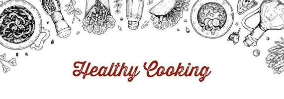 Healthy food background. Hand drawn vector illustration in sketch style. Restaurant menu design