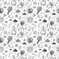 Food seamless pattern. Vector illustration in sketch style. Vintage background for restaurant menu and decoration