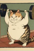 an illustration of a fat cat lifting a barbell. . photo