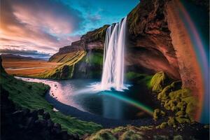 rainbow shines in front of a waterfall. . photo