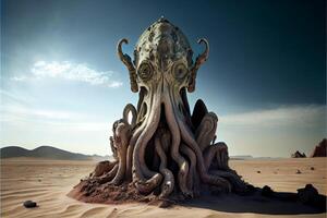 giant octopus sitting on top of a sandy beach. . photo