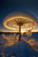 snow covered tree sitting in the middle of a snow covered field. . photo