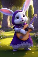 cartoon rabbit in a purple dress holding a guitar. . photo