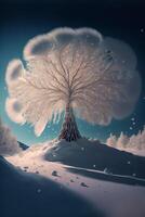 large white tree sitting on top of a snow covered hill. . photo