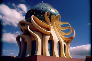 building that looks like an octopus in the snow. . photo