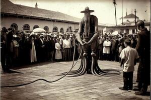 man standing on a rope in front of a crowd of people. . photo
