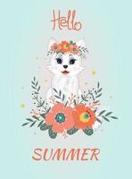 Hello Summer. Greeting postcard. Little cute  white cat sitting with flowers. vector