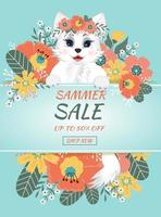 Summer sale banner. Cute white kitten is sitting with flowers. vector