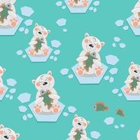 vector illustration seamless pattern a polar bear cub with fish on an ice floe on marine background