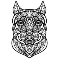 Abstract dog with decorative ornaments and doodle elements. Close up pitbull dog head. Vector illustration. For adult antistress coloring page, print, design, decor, T-shirt, emblem, tattoo, embrodery