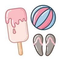 vector set of beach accessories. ball, flip flops and ice cream in cartoon style