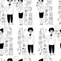 Seamless pattern with journalism profession. woman journalist and male reporter with microphone, megaphone, voice recorder and media items on white background. Vector illustration with doodle style.