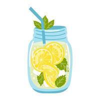 Hand drawn glass of lemonade with sliced lemons and mint. Vector illustration of refreshing beverage, fresh tasty summer drink