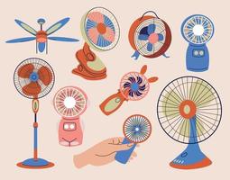 Collection of electric fans of various types isolated on a white background. Set of vector household electrical ventilation equipment. Vector illustration in flat cartoon style.