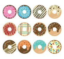 Set of sweet donuts.Top view. Confectionery dessert. Chocolate confectionery isolated on white background. Flat vector illustration.