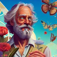 painting of an old man surrounded by butterflies. . photo