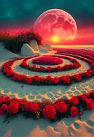 spiral of roses with a full moon in the background. . photo