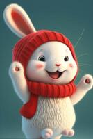 blanco Conejo vistiendo un rojo sombrero y bufanda. generativo ai. foto