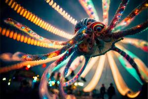 close up of a colorful object with lights in the background. . photo