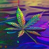 marijuana leaf sitting on top of a puddle of water. . photo
