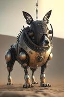 robot dog is standing in the desert. . photo