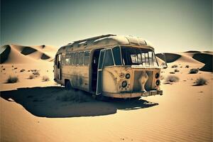 an old bus sitting in the middle of a desert. . photo
