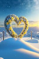 heart shaped wreath made of red roses in the snow. . photo
