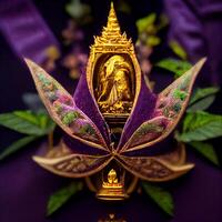 gold statue sitting on top of a purple cloth. . photo